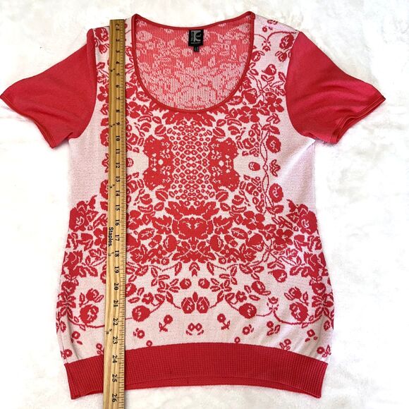Tricot Chic Women Coral White Floral Short Sleeve Stretch Knit Sweater Top Sz 10 - Picture 9 of 13